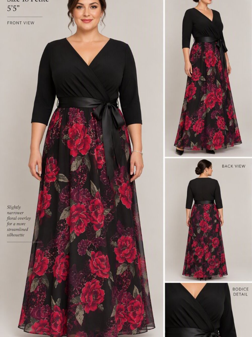 Scarlett Red Black Purple Gold Floral Formal Gown 3/4 Sleeves Ribbon Tie 18P